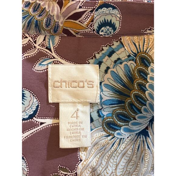 Chico's Blouse Women's 4 XXL Jacobean Bouquet Floral Pleated Ruffle Long Sleeve - Picture 3 of 12